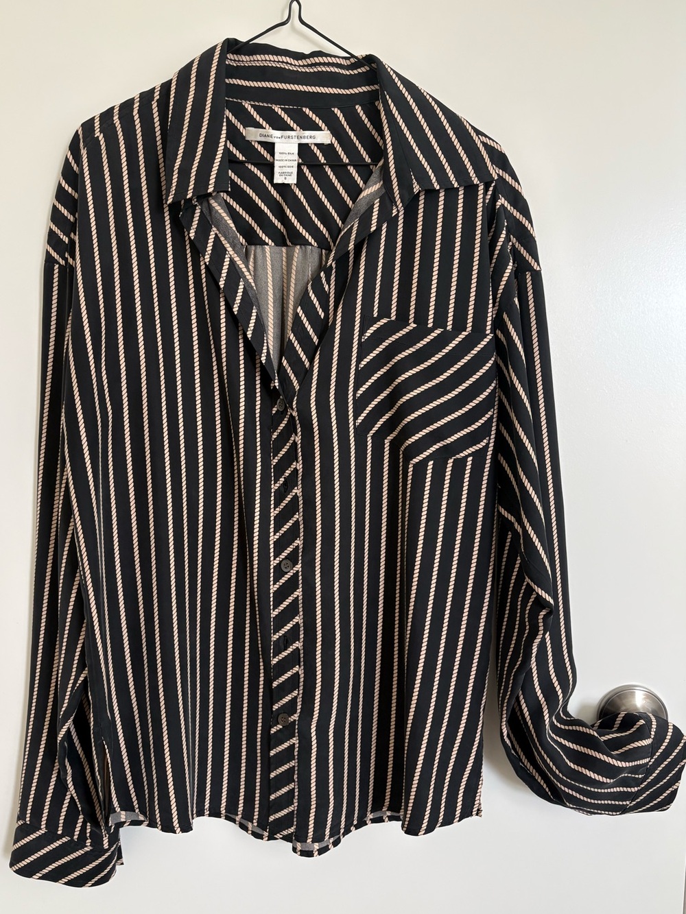 Diane von Furstenberg Black and Cream Rope-Stripe Silk Blouse
